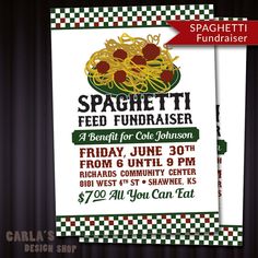 a flyer for spaghetti fundraisers is displayed on a black background with red and white checkered border