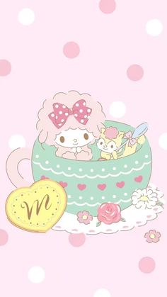 hello kitty wallpaper with pink polka dots and a baby in a teacup on the table