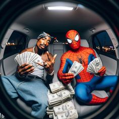 two men sitting in the back of a car with money and one man wearing a spiderman costume