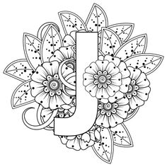 the letter j is surrounded by flowers and leaves in this coloring page for adults to color