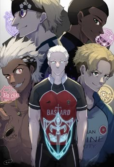 some anime characters are standing together with their heads turned to the side and one is wearing a t - shirt that says basard