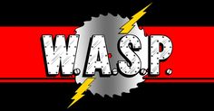 the word wasp with a lightning bolt in it's center on a red and black striped background