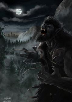 an animal with its mouth open standing in front of a full moon and fog covered forest