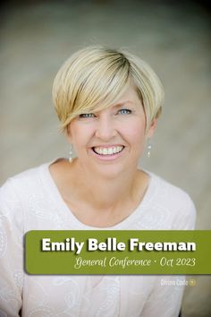 a woman with blonde hair smiling at the camera and texting'embly belle freeman general conference - oct 23, 2013