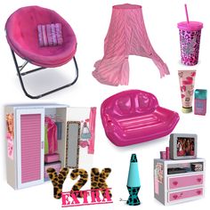 barbie doll furniture and accessories are arranged on a white background, including a pink chair