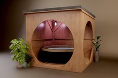 a wooden sauna with a potted plant next to it on a brown surface