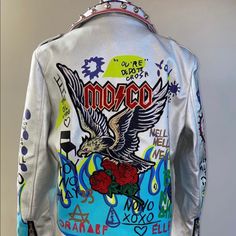 Graffiti Covered Rock N, Leather Jackets, Rock N Roll, Graffiti, Blue White, Color Blue, Jackets & Coats, Jackets For Women, Leather Jacket