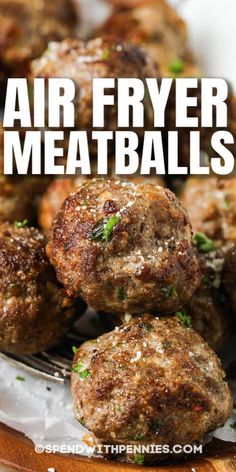 air fryer meatballs on a plate with text overlay that says air fryer meatballs