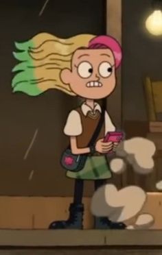 a cartoon character holding a cell phone standing in front of a window with rain coming down