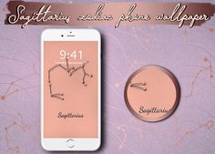 a cell phone with the zodiac sign sagittatius on it next to a clock