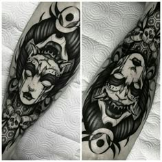 some tattoos that are on the arm and leg, one with an image of a woman's face