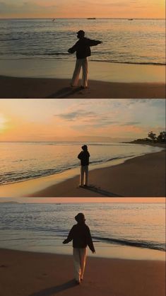 three different shots of a man walking on the beach with his arms out in front of him