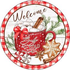 a red and white checkered plate with a mug filled with hot chocolate, marshmallows and cinnamon