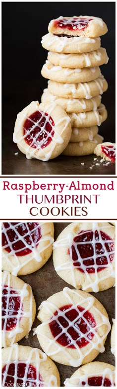 raspberry almond thumbprint cookies stacked on top of each other with the words,'raspberry almond thumbprint cookies '