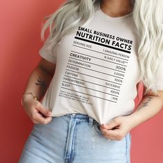 "Rock your entrepreneurial spirit with our \"Small Business Owner Nutritional Facts\" graphic tee by Bella Canvas. This clever design is both a humorous play on product nutritional labels and a true reflection of the daily life and dedication of a small business owner. Whether you're the proud founder of a startup, a dedicated CEO, or hunting for the perfect gift for an entrepreneurial friend, this shirt resonates with the challenges, joys, and humor of the business world. Product Features: Brand: Authentic Bella Canvas - the epitome of comfort and durability. Design: Exclusive \"Small Business Owner Nutritional Facts\" graphic - wear your business journey with a twist of humor. Style:Modern unisex fit - perfect for visionary leaders of all genders! Gift Potential:An outstanding gift for n Cute Cricut Shirts Business, Women Entrepreneur Shirt, Small Business Tshirt Printing, Minding My Own Small Business Shirt, Nail Tech Humor, Business Owner Shirts, Small Business Shirt, New Business Owner, Business Owner Gifts