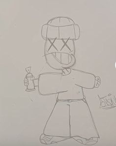 a drawing of a cartoon character holding a bottle