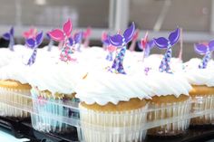 cupcakes with white frosting and purple decorations on top are lined up in plastic containers