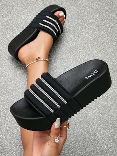 Black  Collar     Embellished   Women Shoes Sparkly Sandals, Diy Lipstick, Pretty Sandals, Cute Shoes Heels, Fashion Shoes Sandals, Shoes Outfit Fashion, Sandal Platform, Fashion Footwear, Womens Sandals Wedges