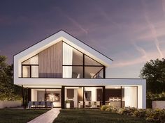 an artist's rendering of a modern house in the evening