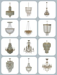 twelve chandeliers in various styles and sizes