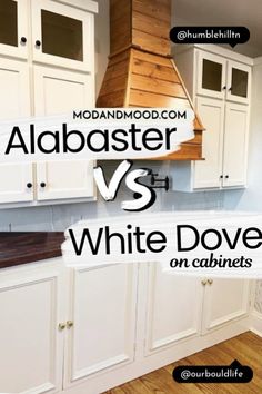 a kitchen with white cabinets and an island in the middle that says, abaster vs white doves on cabinets