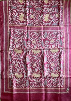 "Pink Hand Embroidered Kantha Stitch Saree with Blouse piece | Pure Bangalore Silk Saree | Kantha Hand Work | Party Wedding Wear pure Silk Saree with silk mark Wedding wear saree, party wear saree, pure silk saree, hand embroidered saree, hand work saree. This is authentic hand embroidered Kantha Stitch Saree. The unique thread Kantha embroidery design is entirely handcrafted by our skilled artisans. The most significant aspect of hand embroidery is the running stitch pattern. The running blouse piece is included with this premium quality pure silk saree. Saree Length : 5.5 mtr Blouse Piece Length : 0.8 mtr Weight : 400 gm approx Design : Hand Kantha stitch Work The fabric is best quality Pure Bangalore Silk. Each Saree takes 8-10 months to complete.  Wash care - Dry clean only. SLIGHT DIF Luxury Handloom Embroidered Saree Fabric, Luxury Multicolor Embroidered Katan Silk Saree, Luxury Embroidered Silk Thread Saree, Luxury Embroidered Cotton Silk Saree, Luxury Silk Thread Embroidered Saree, Luxury Cotton Silk Embroidered Saree Fabric, Luxury Cotton Silk Saree With Resham Embroidery, Luxury Katan Silk Pre-draped Saree With Resham Embroidery, Luxury Resham Embroidered Katan Silk Saree