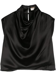 black silk satin finish draped design cowl neck sleeveless cropped straight hem keyhole detail to the rear rear button fastening We've partnered with Good On You — an independent agency that rates how brands perform in relation to their impact on the planet, people and animals, with a multi-criteria rating simplified to a five points scale. In order to be awarded our conscious label, larger brands need to score a minimum of four out of five ('Good'), while smaller brands must score at least thre Silk Draped Evening Tops, Sleek Silk Top With Satin Finish, Chic Silk Top With Cowl Back, Draped Satin Top For Evening, Evening Draped Satin Top, Silk Cropped Evening Top, Black Satin Tops With Sleek Style, Silk Cropped Top For Evening, Silk Cropped Top For Evening Wear