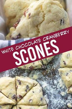 white chocolate cranberry scones on a baking sheet with text overlay that reads, white chocolate cranberry scones