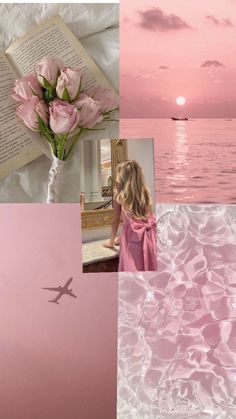 a collage with pink flowers and an airplane flying over the ocean at sunset or dawn