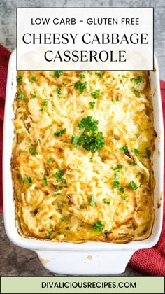 low carb cheesy cabbage casserole in a white dish with parsley on top