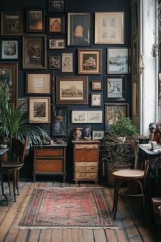 a room filled with lots of framed pictures and furniture next to a wall full of potted plants