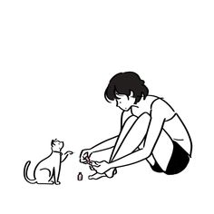 a black and white drawing of a person playing with a cat on the ground next to a dog