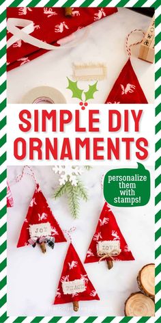 the cover of simple diy ornaments is shown in red and green with christmas decorations on it