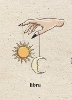 a drawing of a hand holding a string with the moon and sun hanging from it