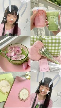 a collage of photos with pink and green items