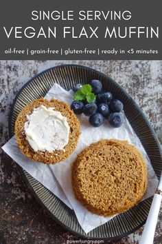 a close up of a plate of food with blueberries on it and the words, single serving vegan flax muffin