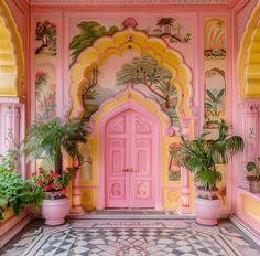 a pink and yellow room with potted plants in front of the door to it