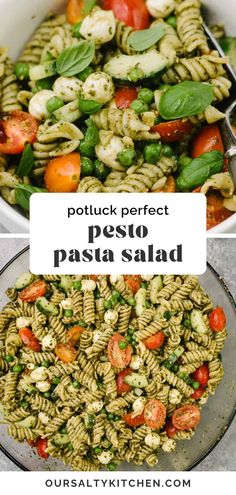 pasta salad with pesto and tomatoes in a bowl