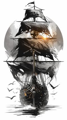 an artistic painting of a pirate ship in the ocean