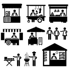 black and white icon set of people buying food at an outdoor stand or market stall