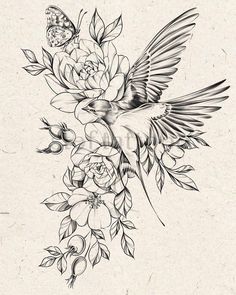 a drawing of a bird with flowers on it's back and a butterfly flying over the