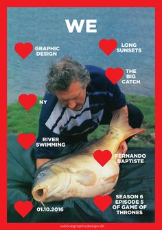 a man holding up a fish on top of a magazine cover with hearts around it