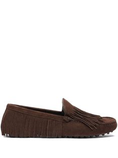 chocolate brown calf suede fringe detailing square toe branded leather insole flat sole slip-on style Brown Slip-on Moccasins With Tassels, Brown Tassel Slip-on Moccasins, Brown Suede Moccasins With Fringe, Brown Suede Moccasins With Tassels, Suede Tassel Slip-on Moccasins, Brown Flat Tassel Loafers With Leather Sole, Brown Tassel Loafers With Leather Sole, Loafers Brown, Suede Fringe