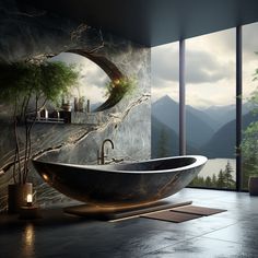 a large bathtub sitting in front of a window next to a plant and potted tree