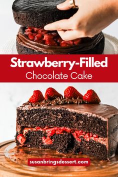 strawberry filled chocolate cake on a plate with the title overlay reading strawberry filled chocolate cake