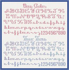 a cross stitch pattern with the letters and numbers in red, blue, and white