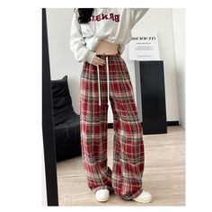 High Waist Wool Plaid Wide Leg Pants  Material: Polyester  Size: S, M, L, XL, Color: Red, Blue Pants Type: Wide Leg Pants Style Type: Street Trendy  Season: Spring, Fall, Winter,   Occasion: Leisure, Outdoor, Daily, Vacation, Fall Outfits Red Baggy Trousers, Red Baggy Long Pants, Casual Plaid Wide Leg Pants For Fall, Casual Plaid Wide Leg Pants, Baggy Red Wide-leg Pants, Red Baggy Wide-leg Pants, Red Baggy Casual Pants, Casual Red Baggy Pants, Trendy Baggy Red Bottoms