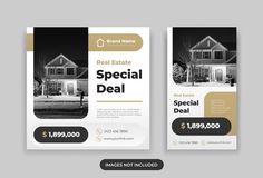 a set of two real estate flyers with houses on the front and back, in black and white