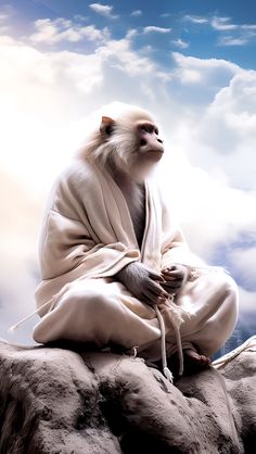 a monkey sitting on top of a rock with clouds in the background