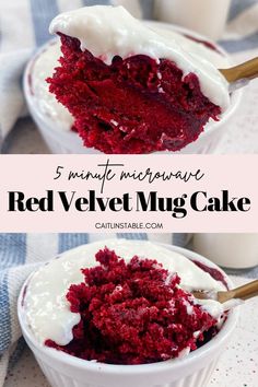 red velvet mug cake with white frosting in a bowl